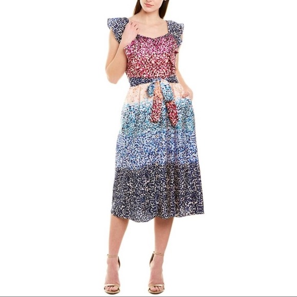 JULIA JORDAN JJ37939 A-Line Tie Waist Belt Multicolor Dot Midi Dress Size 8 NEW - Picture 1 of 11